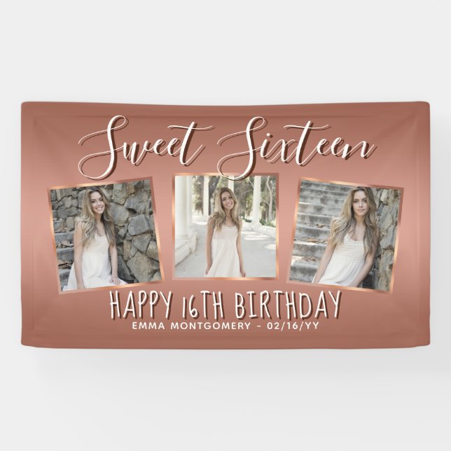 Elegant Rose Gold Foil Photo Collage 16th Birthday Banner (Horizontal)
