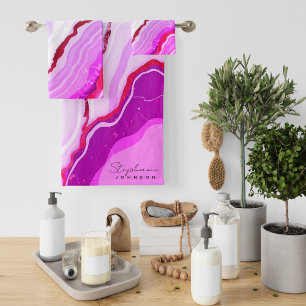 Elegant Rose Gold Foil Pink Marble Monogram  Bath Towel Set