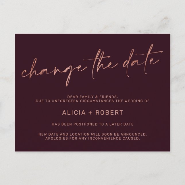 Elegant rose gold foil red wedding change the date announcement postcard (Front)