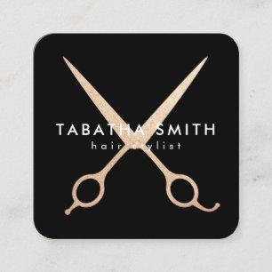 Elegant rose gold foil scissors hair stylist black square business card