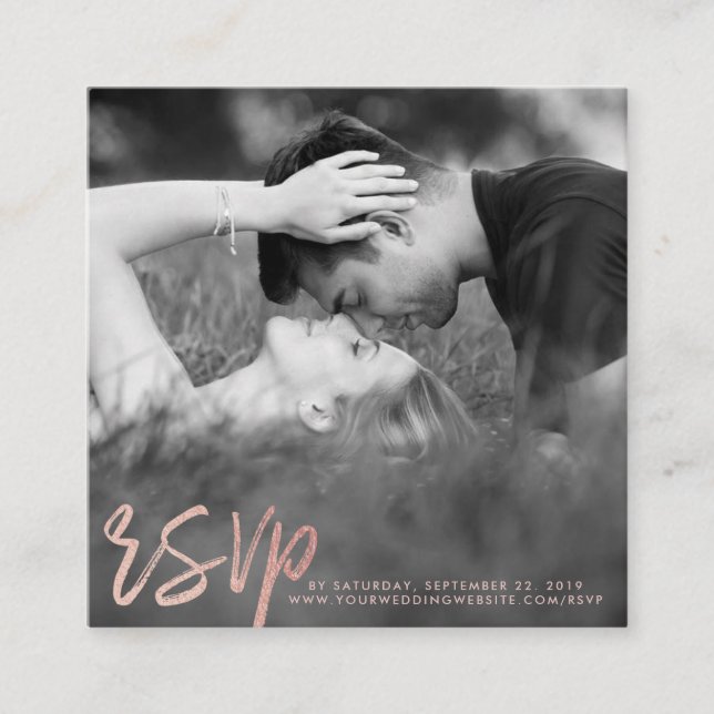 Elegant Rose Gold Foil Script Photo RSVP Enclosure Card (Front)