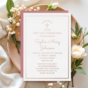 Elegant Rose Gold Foil Script Pink First Communion