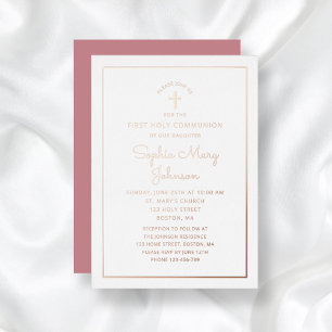 Elegant Rose Gold Foil Script Pink First Communion