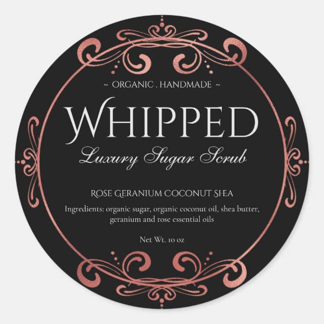 Elegant Rose Gold Foil Swirl Luxury Black Product Classic Round Sticker (Front)