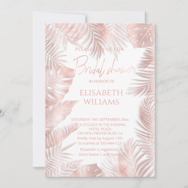 Elegant rose gold foil  tropical leaves romantic invitation (Front)