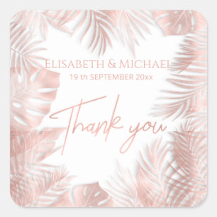 Elegant rose gold foil tropical leaves thank you square sticker