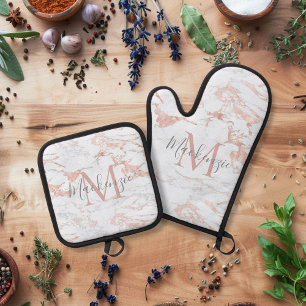 Elegant Rose Gold Foil White Marble Monogram Oven Mitt & Pot Holder Set