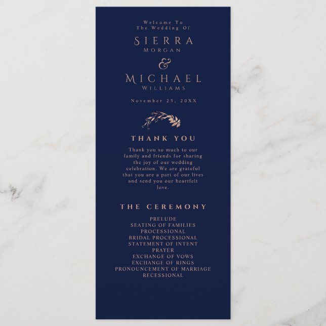 Elegant Rose Gold Foliage Navy Blue Wedding Programme (Front)