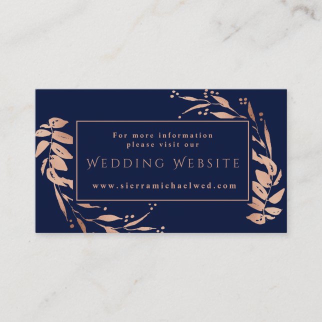 Elegant Rose Gold Foliage on Navy Wedding Website Enclosure Card (Front)