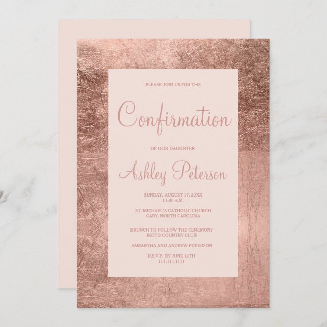 Elegant rose gold frame blush pink confirmation invitation (Front/Back)