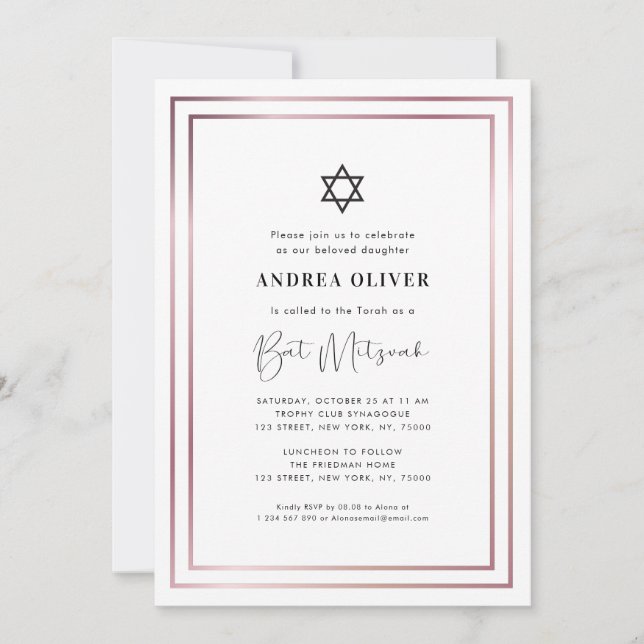 Elegant Rose Gold Frame Modern Simple Bat Mitzvah  Invitation (Front)