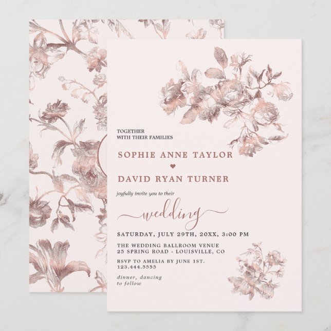 Elegant Rose Gold French Floral Toile Wedding Invitation (Front/Back)