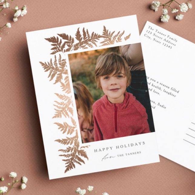 Elegant Rose Gold Garland 2 Photo Christmas  Holiday Postcard (Elegant rose gold ferns photo holiday postcard.)