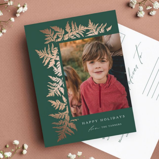 Elegant Rose Gold Garland Photo Christmas  Holiday Postcard (Elegant rose gold garland green photo holiday postcard.)