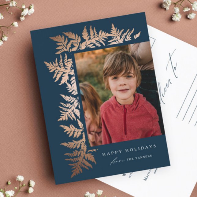 Elegant Rose Gold Garland Photo Christmas  Holiday Postcard (Elegant rose gold garland navy blue photo holiday postcard.)