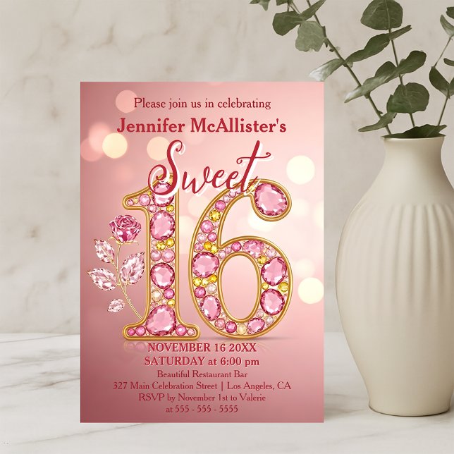 Elegant Rose Gold Gemstone Sweet 16 Birthday  Invitation (Creator Uploaded)