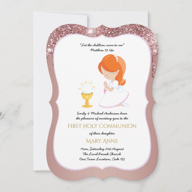 Elegant Rose Gold Girls First Holy Communion Invitation (Front)