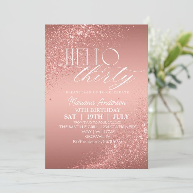 Elegant Rose Gold Glitter 30th Birthday Invita Invitation (Standing Front)