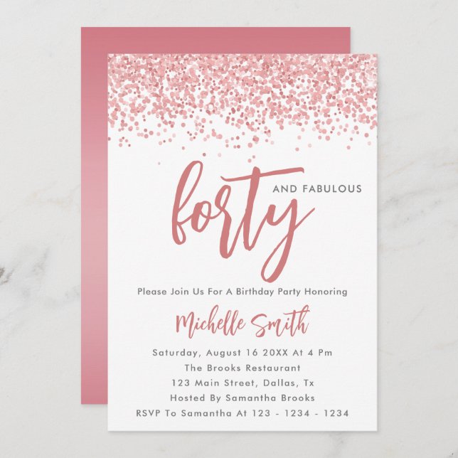 Elegant Rose Gold Glitter 40 And Fabulous Birthday Invitation (Front/Back)