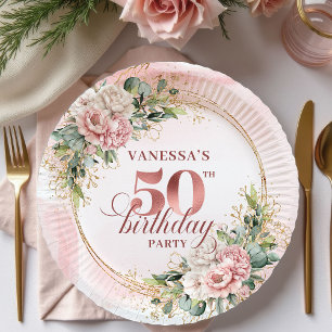 Elegant Rose Gold Glitter 50th Birthday Floral   Paper Plate