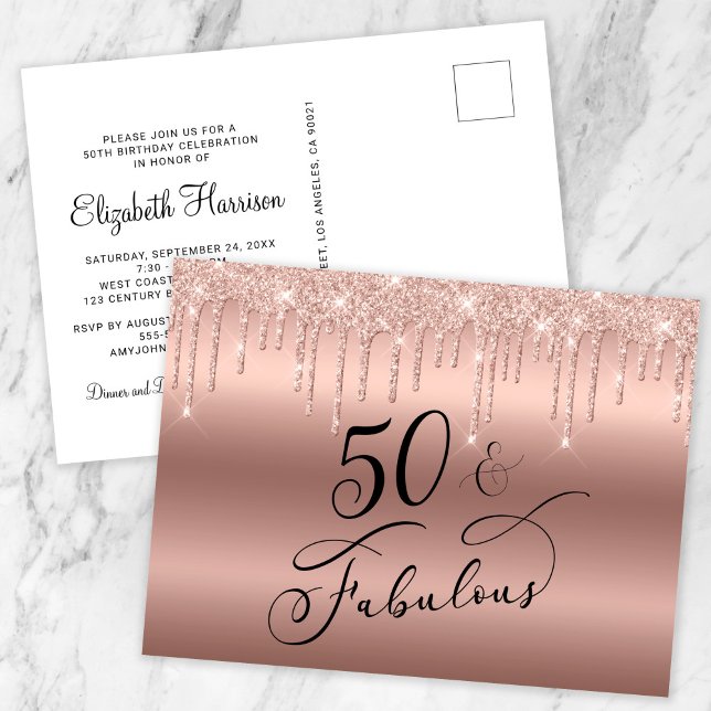 Elegant Rose Gold Glitter 50th Birthday Party Invitation Postcard (Creator Uploaded)