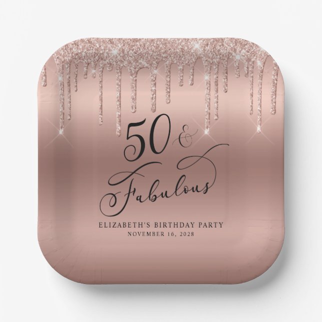 Elegant Rose Gold Glitter 50th Birthday Party Paper Plate (Front)