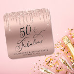 Elegant Rose Gold Glitter 50th Birthday Party Square Paper Coaster<br><div class="desc">Chic custom coasters for her 50th birthday party featuring "50 & Fabulous" in an elegant calligraphy script,  a rose gold faux foil background and dripping rose gold faux glitter. Perfect for table decor that guests can take home as a souvenir party favour.</div>