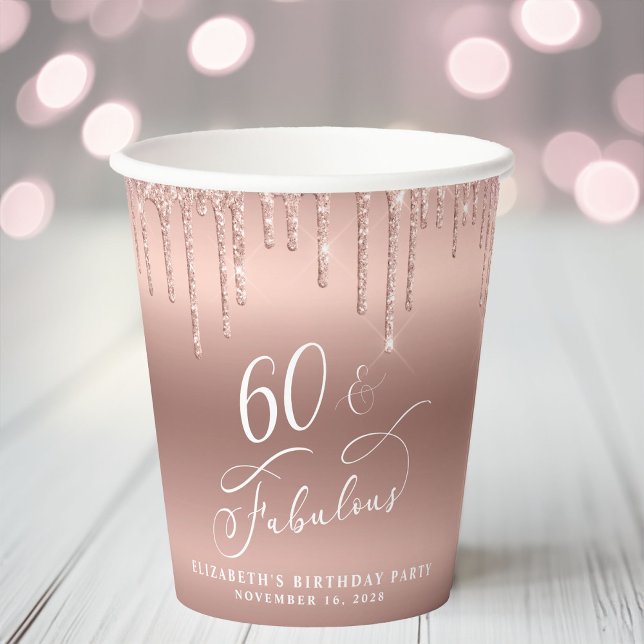 Elegant Rose Gold Glitter 60th Birthday Party Paper Cups (Creator Uploaded)