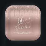 Elegant Rose Gold Glitter 60th Birthday Party Paper Plate<br><div class="desc">Chic personalised paper plates for her 60th birthday party featuring "60 & Fabulous" in an elegant white calligraphy script and rose gold faux glitter. Personalise with her name and the date of the party.</div>