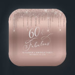 Elegant Rose Gold Glitter 60th Birthday Party Paper Plate<br><div class="desc">Chic personalised paper plates for her 60th birthday party featuring "60 & Fabulous" in an elegant white calligraphy script and rose gold faux glitter. Personalise with her name and the date of the party.</div>