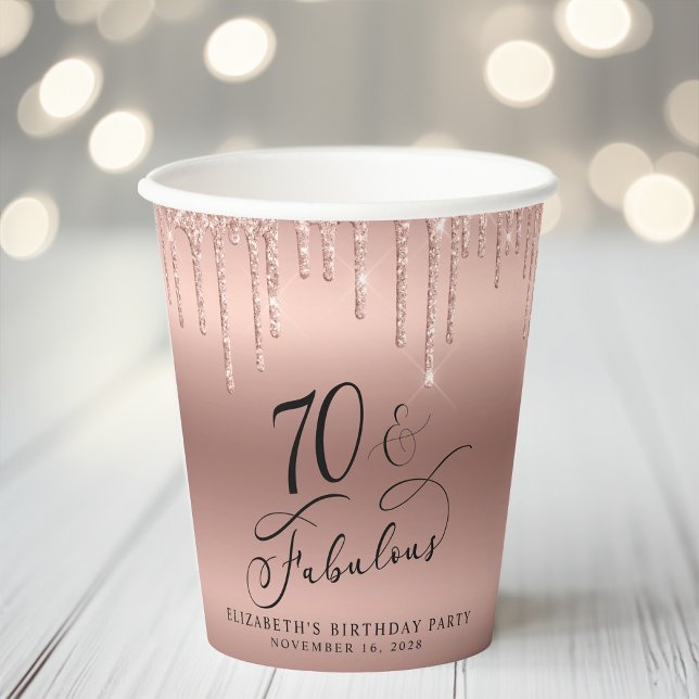 Elegant Rose Gold Glitter 70th Birthday Party Paper Cups (Creator Uploaded)