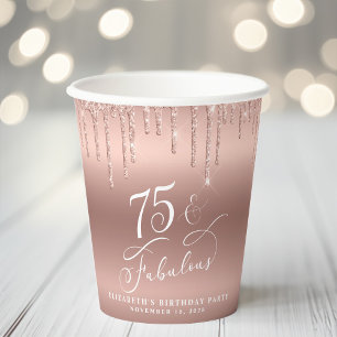 Elegant Rose Gold Glitter 75th Birthday Party Paper Cups
