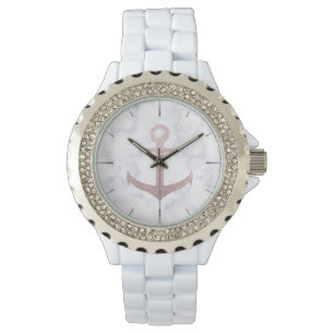 elegant  rose gold glitter anchor white marble watch