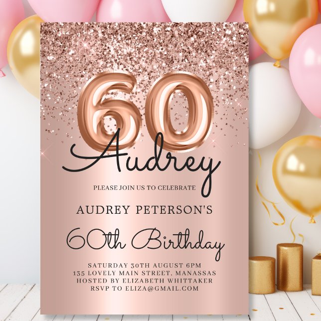 Elegant Rose Gold Glitter Balloon 60th Birthday  Invitation (Creator Uploaded)