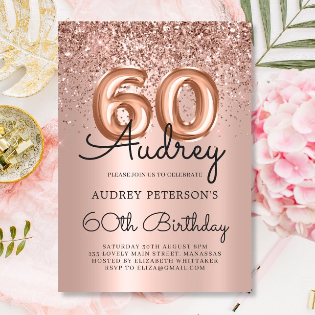 Elegant Rose Gold Glitter Balloon 60th Birthday  Invitation (Creator Uploaded)