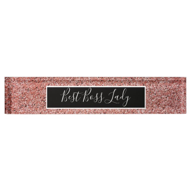 Elegant Rose Gold Glitter Best Boss Lady Nameplate (Front)
