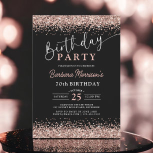 Elegant Rose Gold Glitter Black Any Age Birthday Invitation