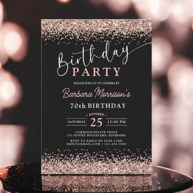 Elegant Rose Gold Glitter Black Any Age Birthday Invitation (Creator Uploaded)