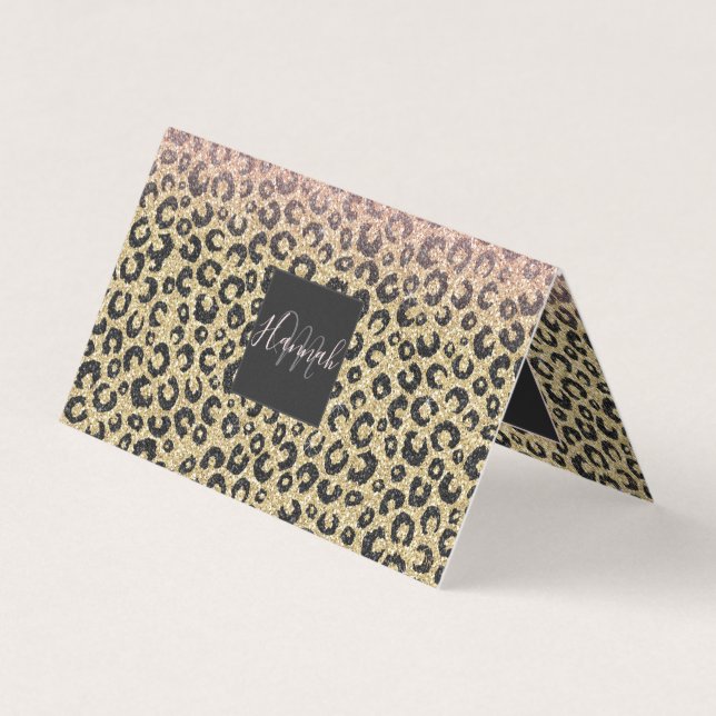 Elegant Rose Gold Glitter Black Leopard Print Business Card (Front)