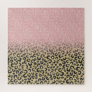 Elegant Rose Gold Glitter Black Leopard Print Jigsaw Puzzle