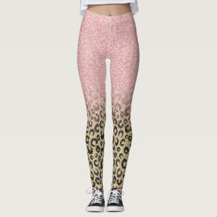 Elegant Rose Gold Glitter Black Leopard Print Leggings
