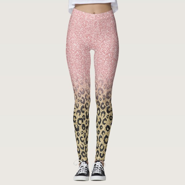 Elegant Rose Gold Glitter Black Leopard Print Leggings (Front)