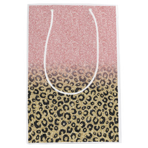 Elegant Rose Gold Glitter Black Leopard Print Medium Gift Bag