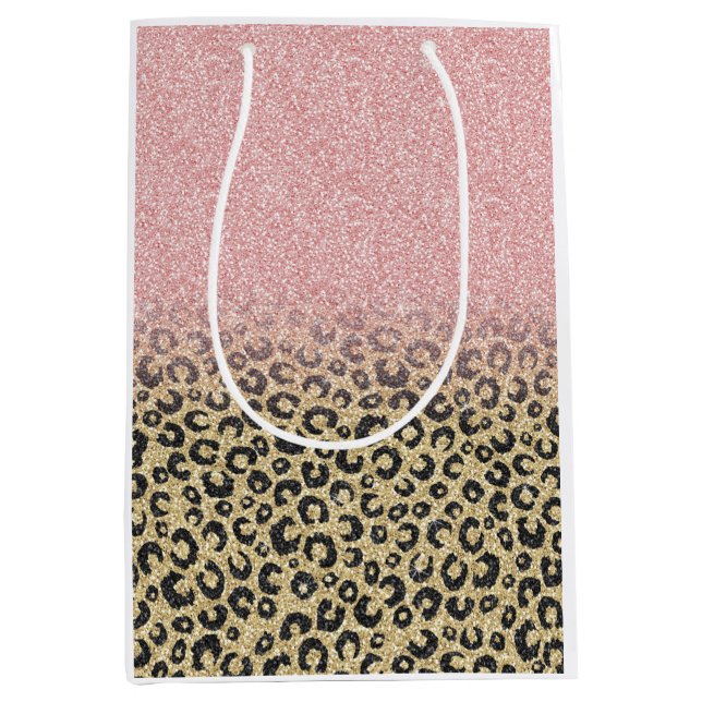 Elegant Rose Gold Glitter Black Leopard Print Medium Gift Bag (Front)