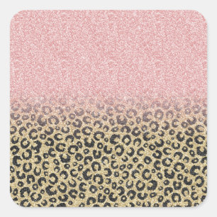 Elegant Rose Gold Glitter Black Leopard Print Square Sticker