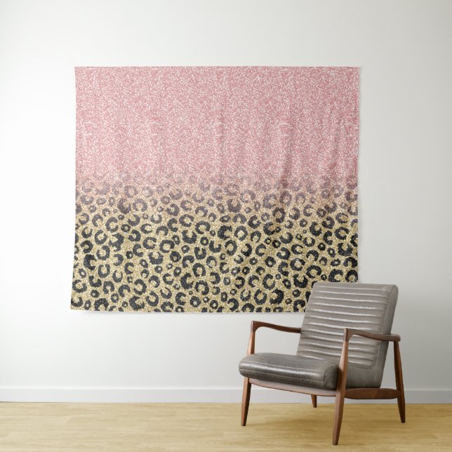 Elegant Rose Gold Glitter Black Leopard Print Tapestry (In Situ (Horizontal))