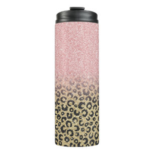Elegant Rose Gold Glitter Black Leopard Print Thermal Tumbler