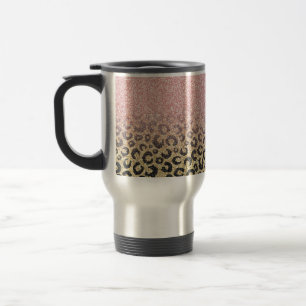 Elegant Rose Gold Glitter Black Leopard Print Travel Mug