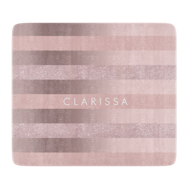 Elegant rose gold glitter & blush pink stripe cutting board (Front)
