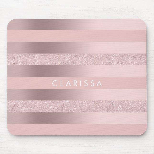 Elegant rose gold glitter & blush pink stripe mouse mat (Front)
